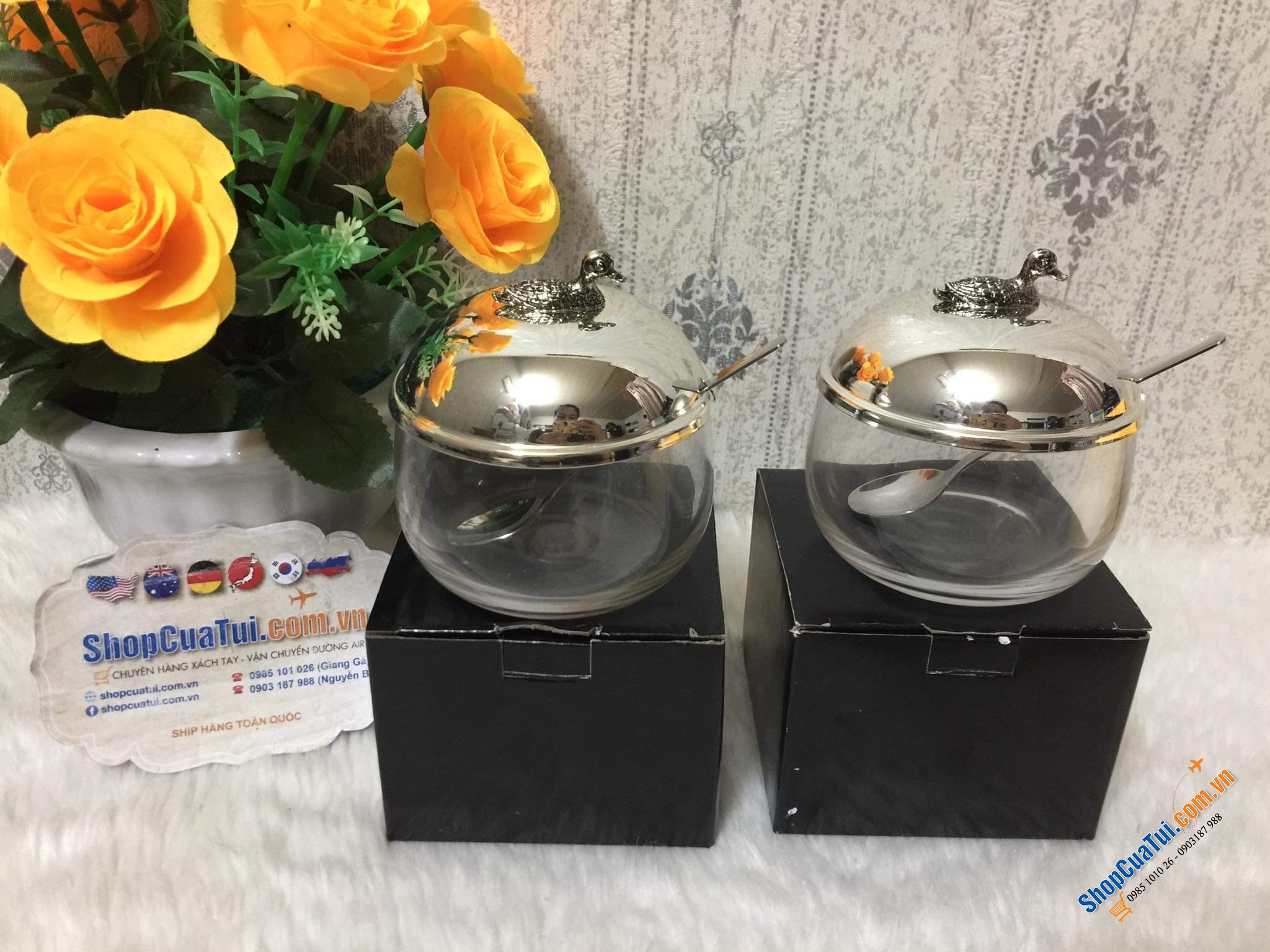 Hũ đựng mứt, gia vị, mật ong... có thìa Edzard mạ bạc