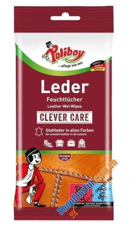 GIẤY LAU ĐỒ DA POLIBOY - Đức - Túi 20 tờ - chuyên lau đồ da như: da túi, da ghế, áo da, giầy dép da...Đánh giày