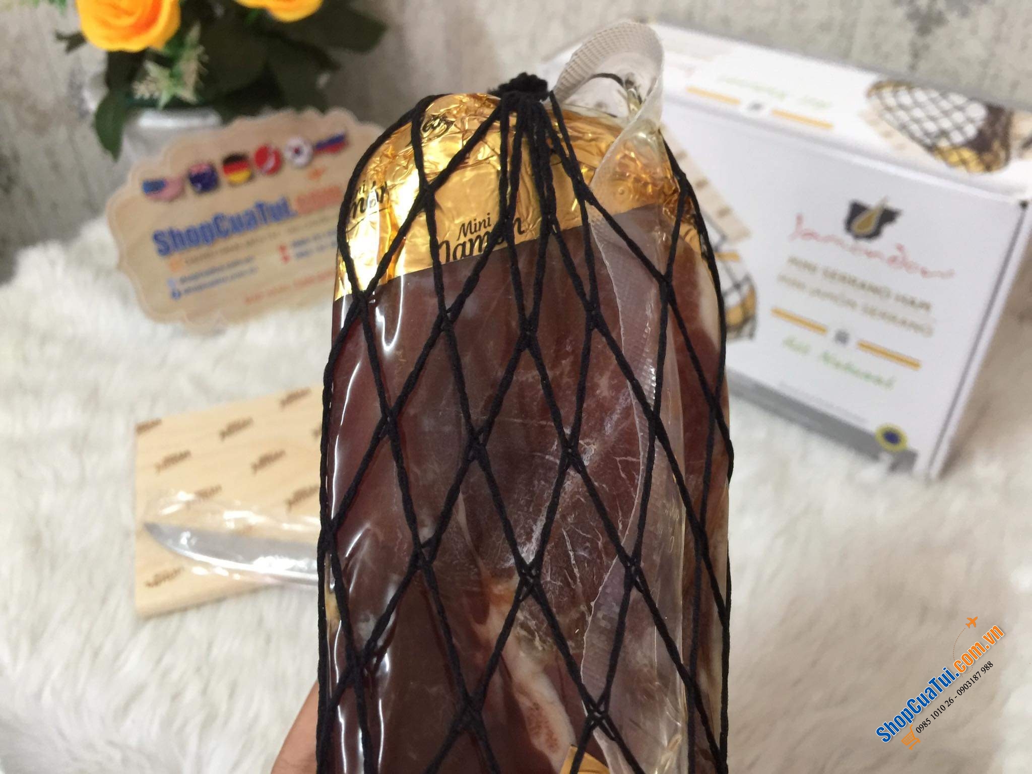 Đùi Heo Muối Mini Jamon Ham - Thịt heo muối Tây Ban Nha có giá đỡ và dao Trọng lượng 1 kg