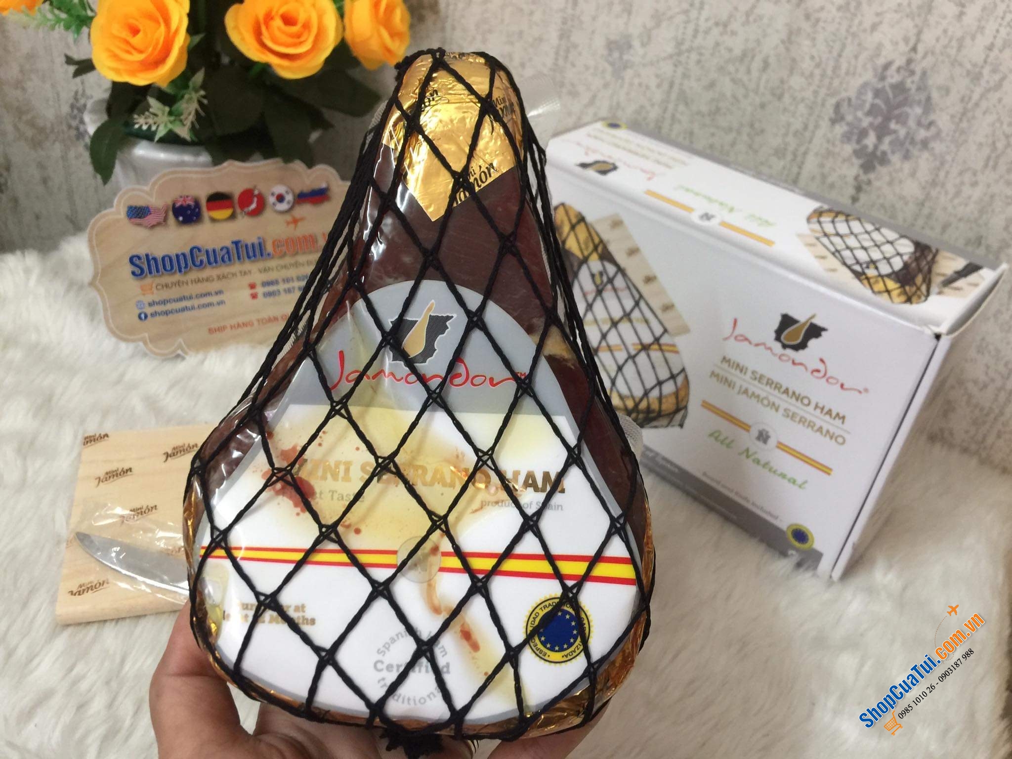 Đùi Heo Muối Mini Jamon Ham - Thịt heo muối Tây Ban Nha có giá đỡ và dao Trọng lượng 1 kg