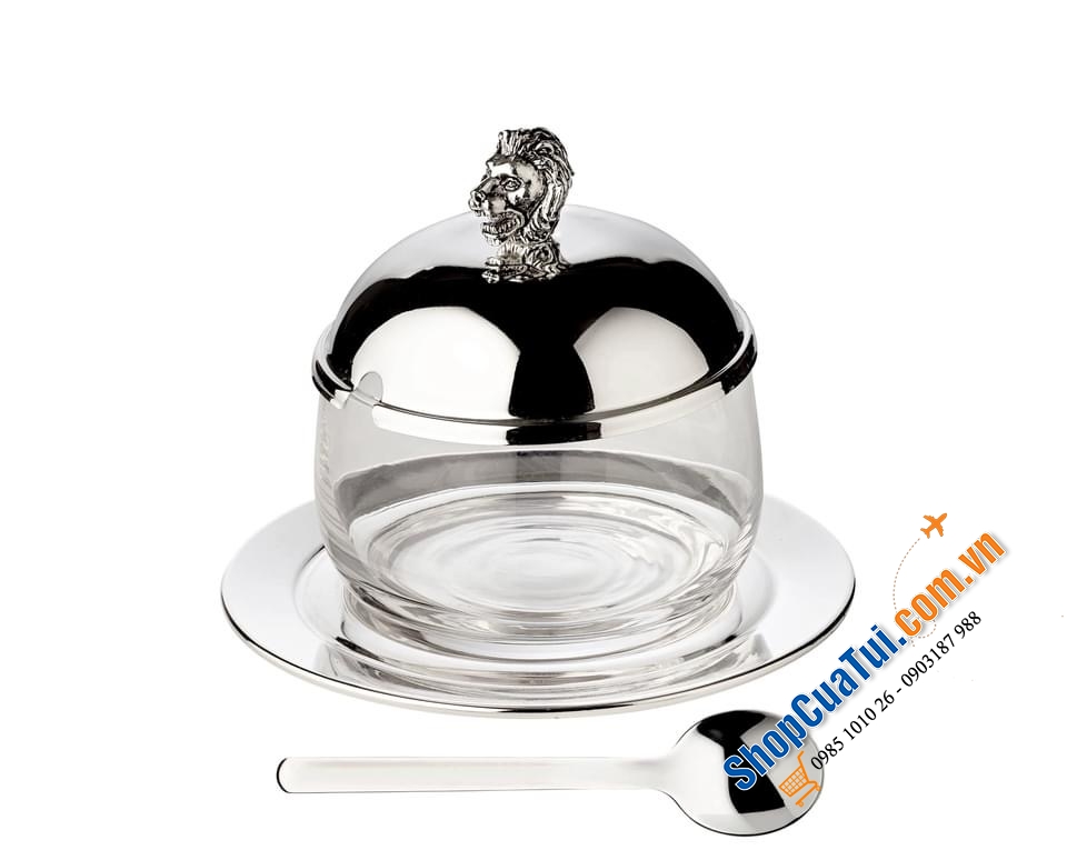 HŨ ĐỰNG MỨT, SỐT, GIA VỊ... EDZARD MẠ BẠC KÈM THÌA VÀ ĐĨA ĐẦU SƯ TỬ.