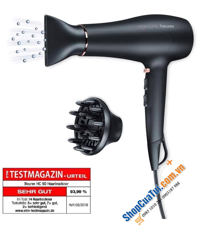 MÁY SẤY TÓC ION TẠO KIỂU DÒNG PRO BEURER HC50 - Công suất 2200 W mạnh mẽ, gồm 2 đầu tạo kiểu