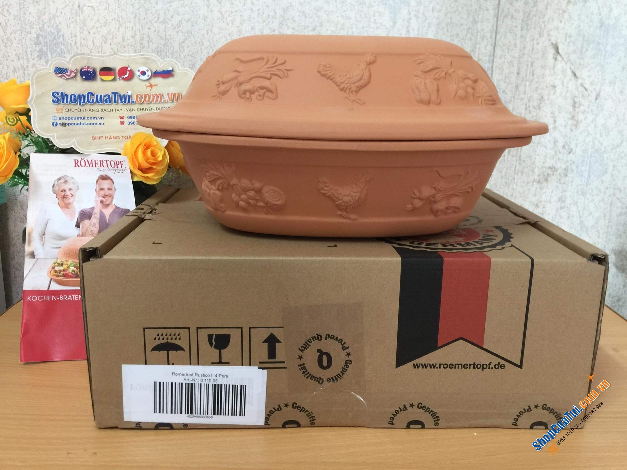 NỒI NƯỚNG GỐM ĐỨC MADE IN GERMANY RÖMERTOPF - HOẠ TIẾT NÔNG TRẠI - Kích thước 38 x 38 x 12,5 cm. Nặng 3,3 kg