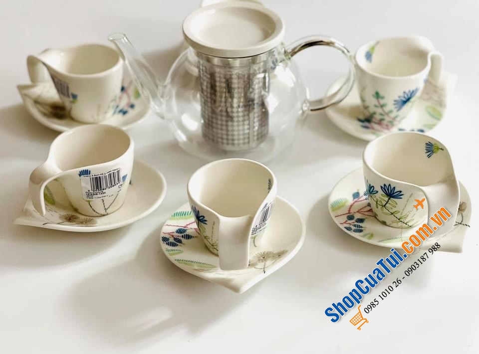 Bộ ấm chén - TRỌN BỘ ẤM TRÀ KÈM CHÉN ĐĨA VILLEROY BOCH FLOW COUTURE.