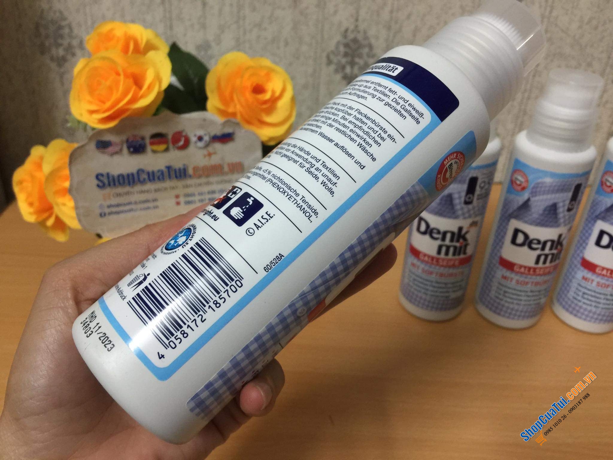 Chai làm sạch các vết bẩn cứng đầu trên áo sơ mi như Nách, cổ áo và cánh tay Denkmit ... kèm đầu bàn chải cọ đính kèm sản phẩm - Dạng dung dịch - NEU mẫu mới.