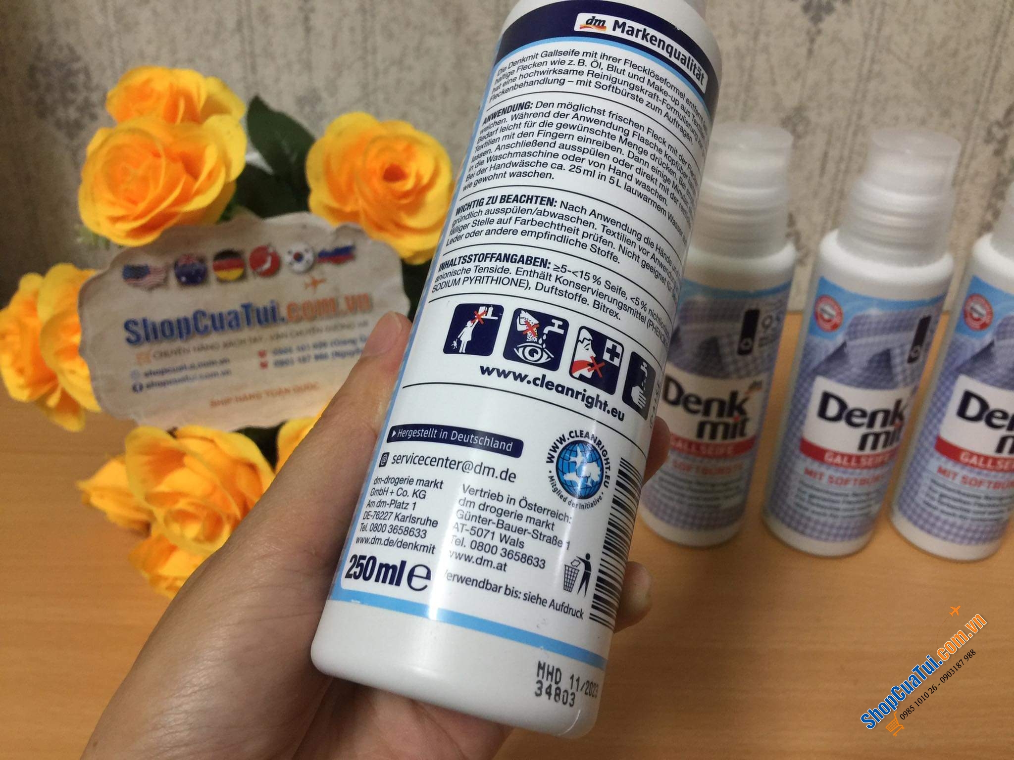 Chai làm sạch các vết bẩn cứng đầu trên áo sơ mi như Nách, cổ áo và cánh tay Denkmit ... kèm đầu bàn chải cọ đính kèm sản phẩm - Dạng dung dịch - NEU mẫu mới.