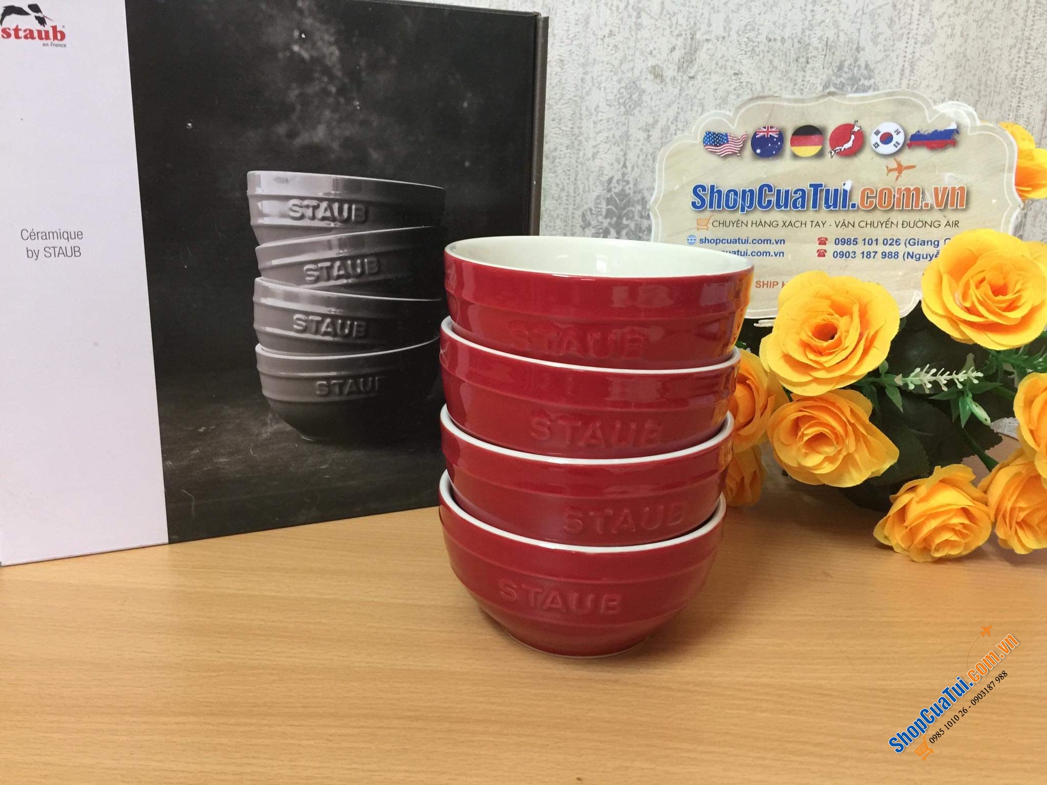 SET 4 BÁT ĂN CƠM 12CM STAUB MÀU ĐỎ CHERY & GHI - KÈM HỘP CHÍNH HÃNG - BỘ 4 BÁT STAUB 12CM 0,4L