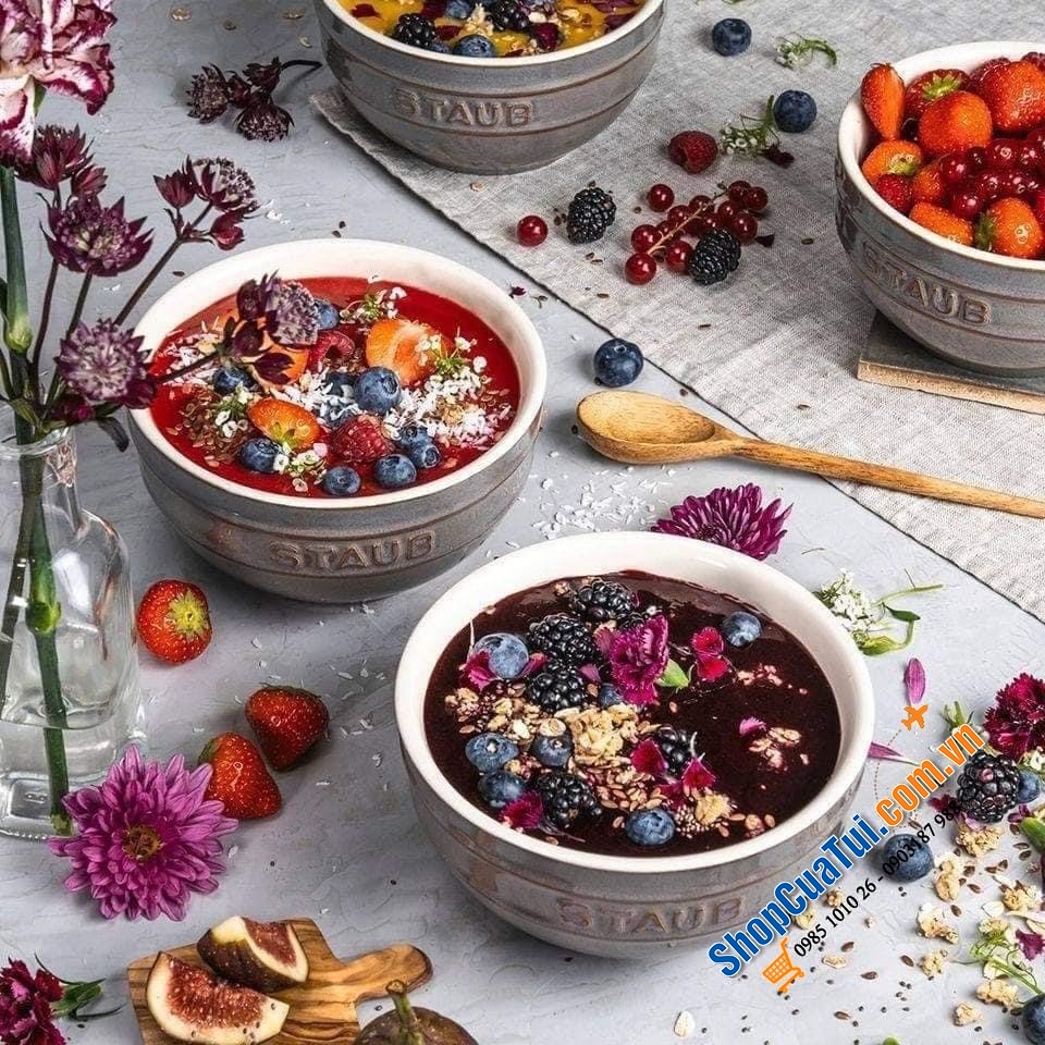 SET 4 BÁT ĂN CƠM 12CM STAUB MÀU ĐỎ CHERY & GHI - KÈM HỘP CHÍNH HÃNG - BỘ 4 BÁT STAUB 12CM 0,4L