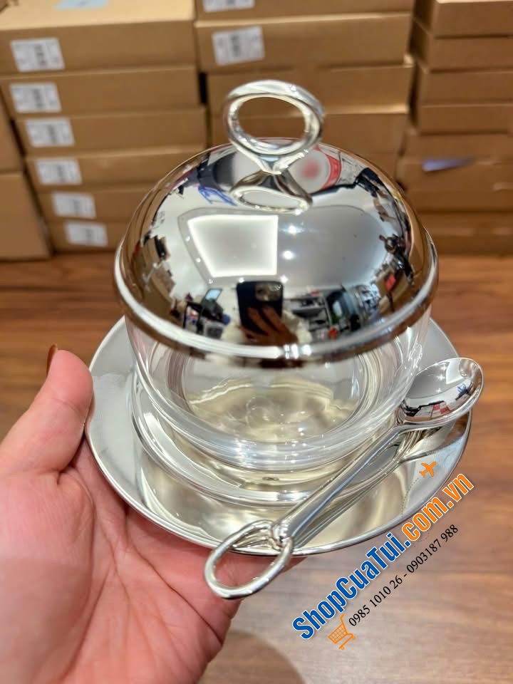 HŨ ĐỰNG MỨT, SỐT, GIA VỊ... EDZARD MẠ BẠC KÈM THÌA VÀ ĐĨA ĐẦU HƯƠU.