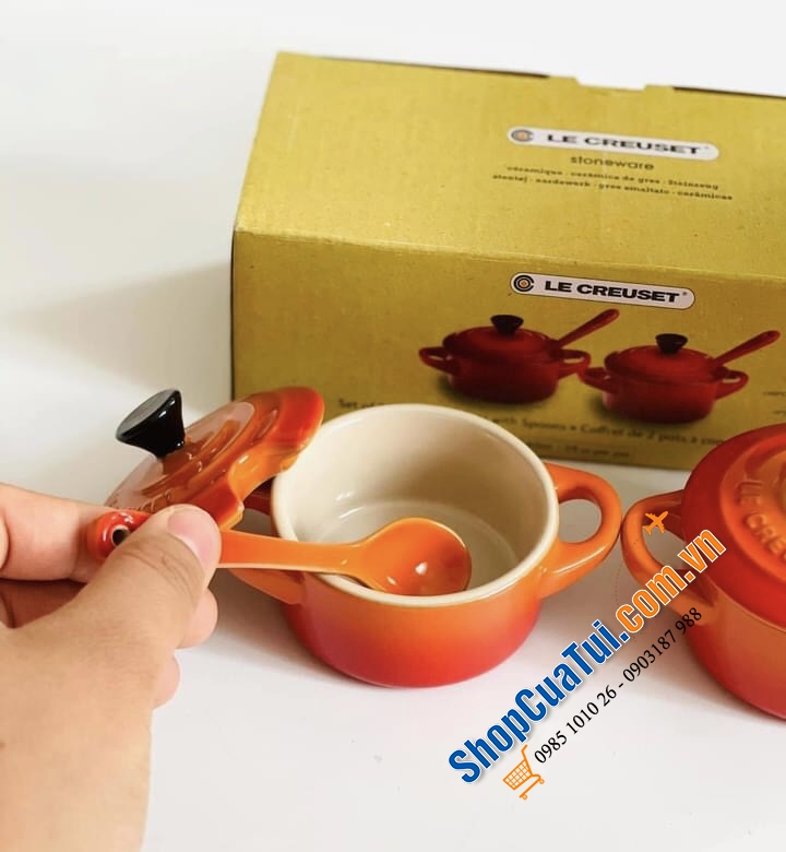 Set đôi nồi gốm mini đựng gia vị nhỏ bày bàn ăn Le creuset.