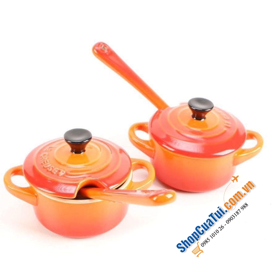 Set đôi nồi gốm mini đựng gia vị nhỏ bày bàn ăn Le creuset.