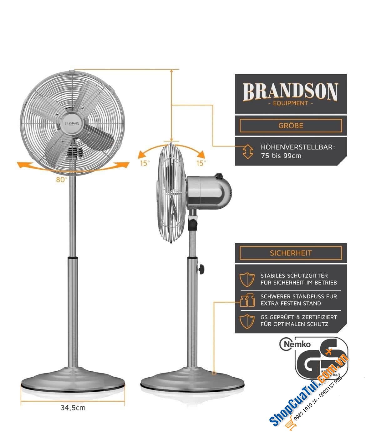 Quạt cây thân thép Brandson thiết kế sang trọng, cao quý, sức gió mát lộng, quay chuyển hướng theo nhu cầu