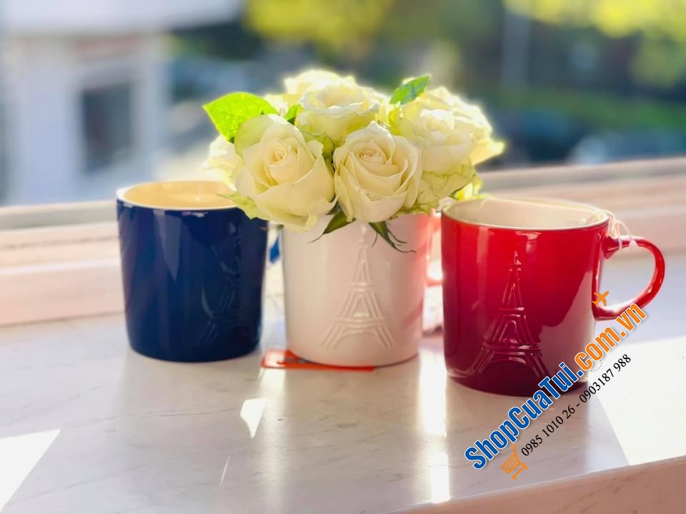 SET 3 CỐC UỐNG NƯỚC LE CREUSET 350ml HÌNH THÁP EIFFEL (Ép- Phen) màu xanh-trắng-đỏ (màu cờ Pháp).