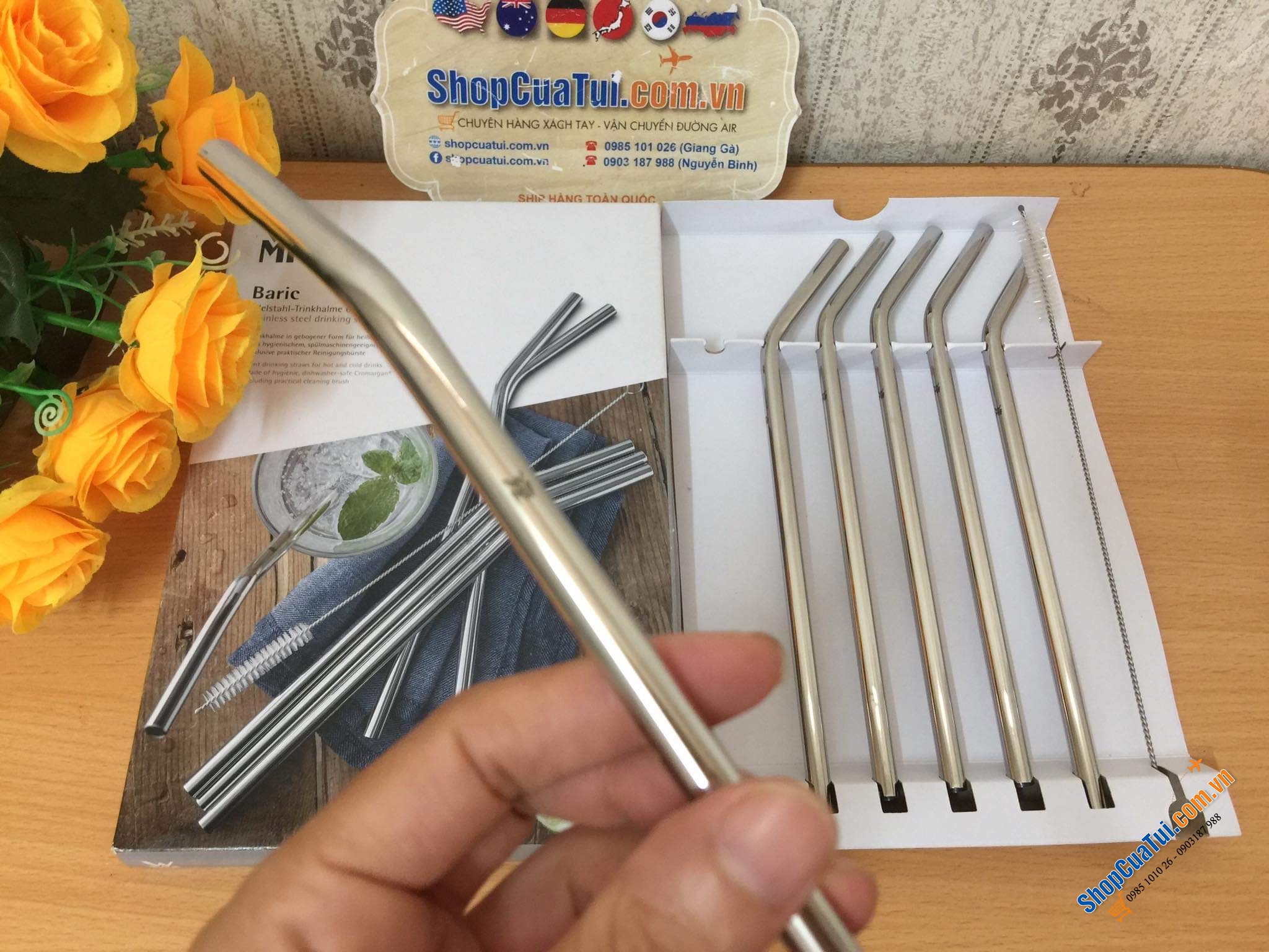 Set 6 ống hút inox WMF kèm chổi cọ rửa.