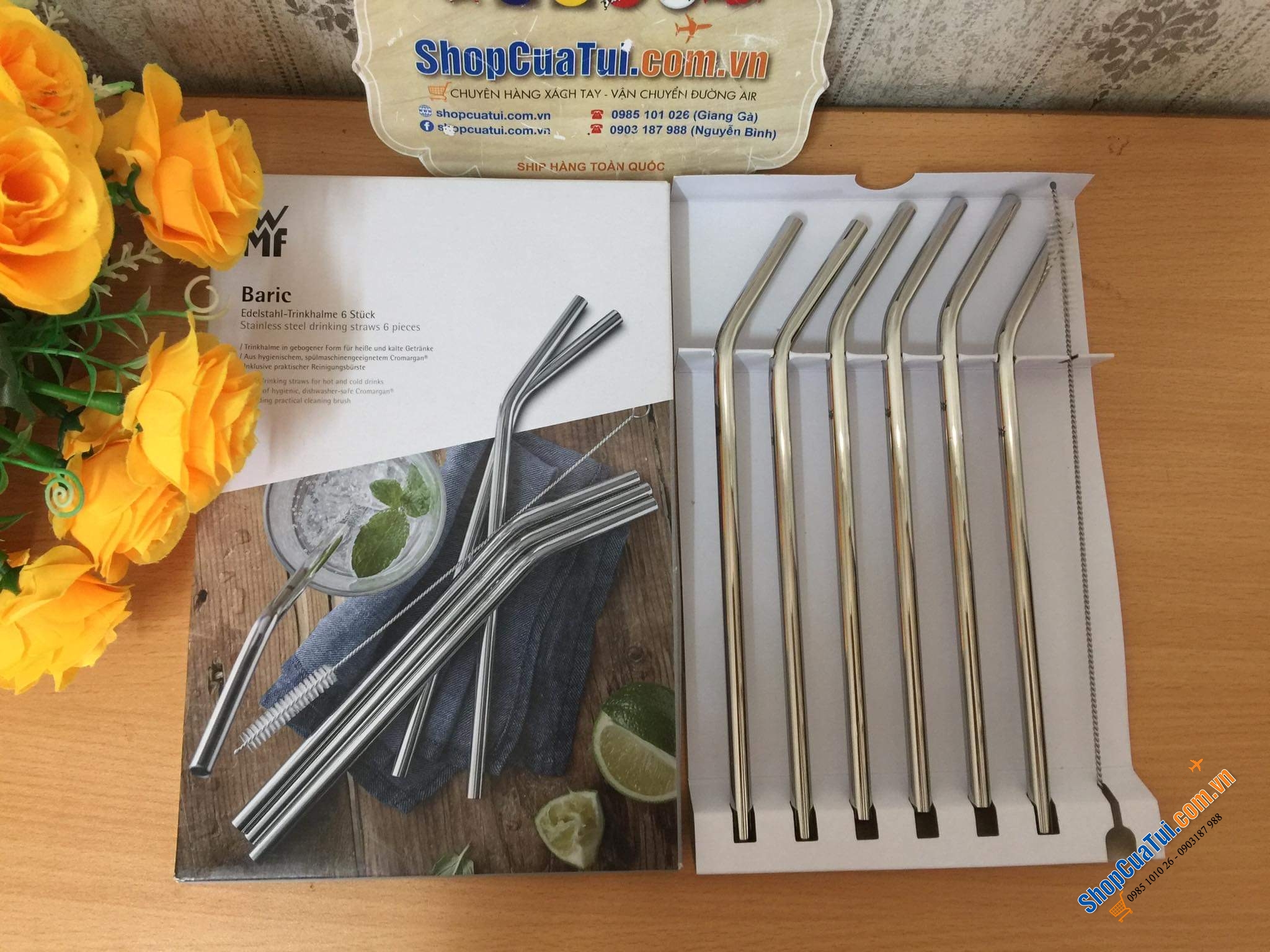 Set 6 ống hút inox WMF kèm chổi cọ rửa.