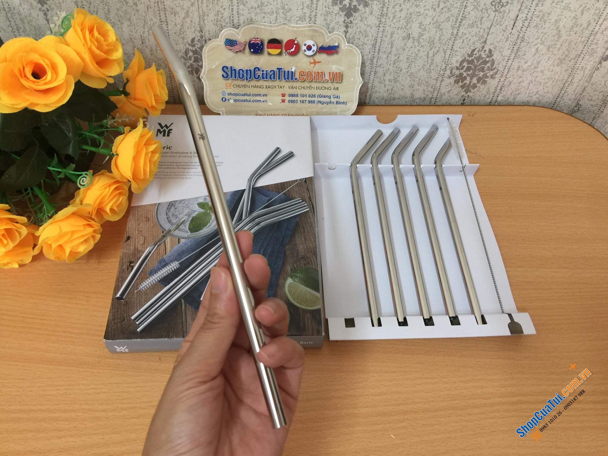 Set 6 ống hút inox WMF kèm chổi cọ rửa.