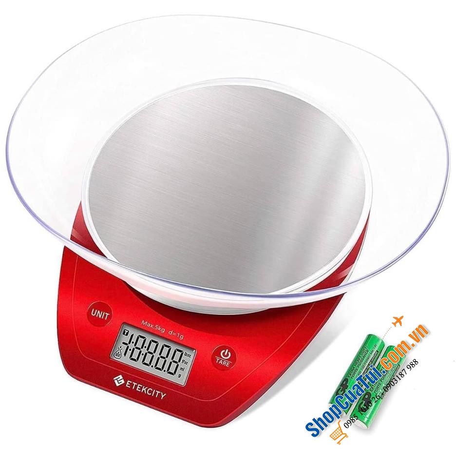Cân nhà bếp - Cân Thực phẩm Nhà bếp Etekcity MÀU ĐỎ CÓ BÁT 5 KG