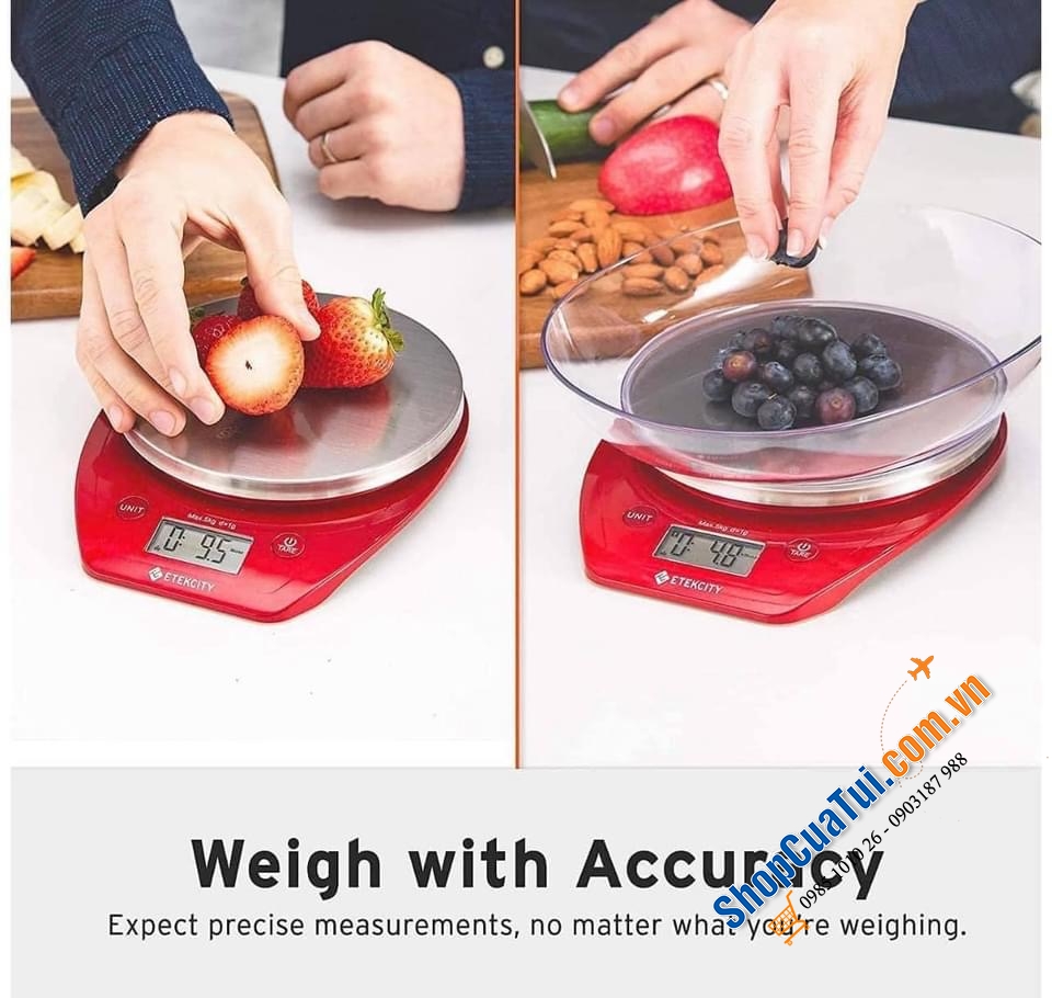 Cân nhà bếp - Cân Thực phẩm Nhà bếp Etekcity MÀU ĐỎ CÓ BÁT 5 KG
