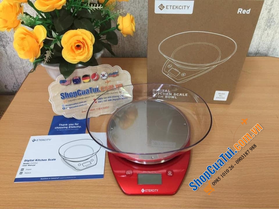 Cân nhà bếp - Cân Thực phẩm Nhà bếp Etekcity MÀU ĐỎ CÓ BÁT 5 KG