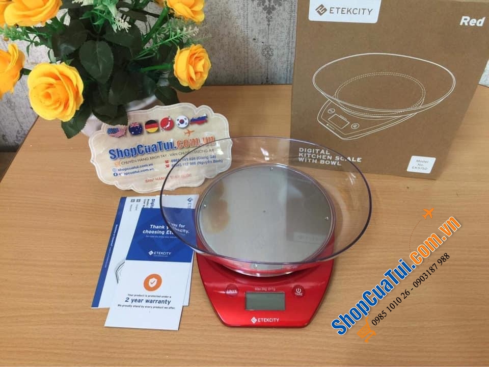 Cân nhà bếp - Cân Thực phẩm Nhà bếp Etekcity MÀU ĐỎ CÓ BÁT 5 KG