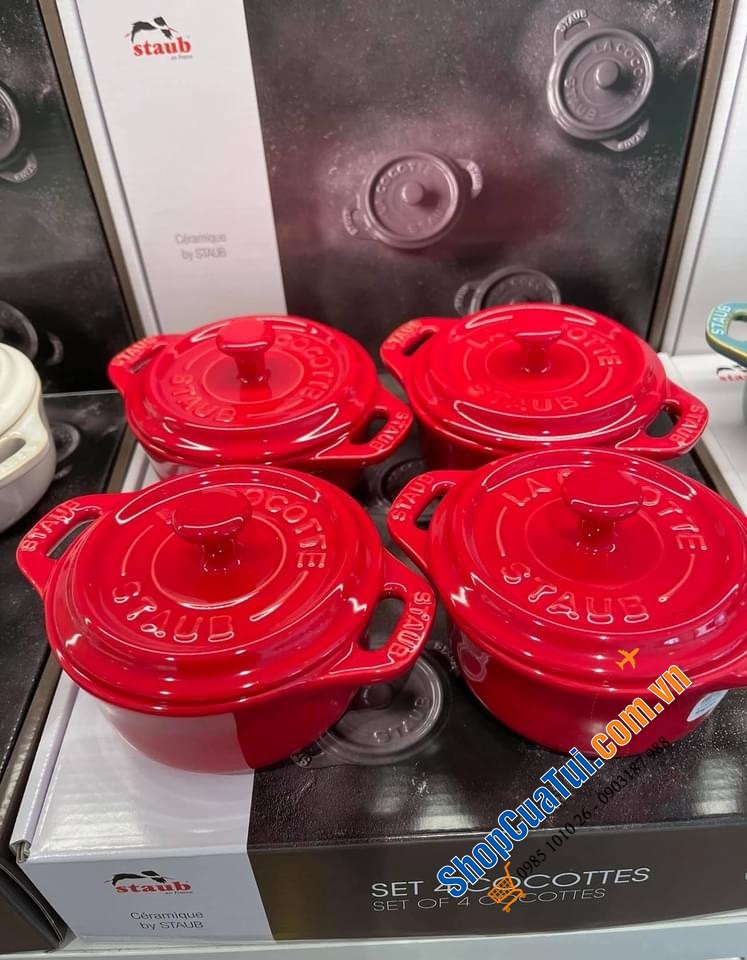 SET 4 NỒI GỐM MINI STAUB ĐỎ KÈM HỘP 10 CM.