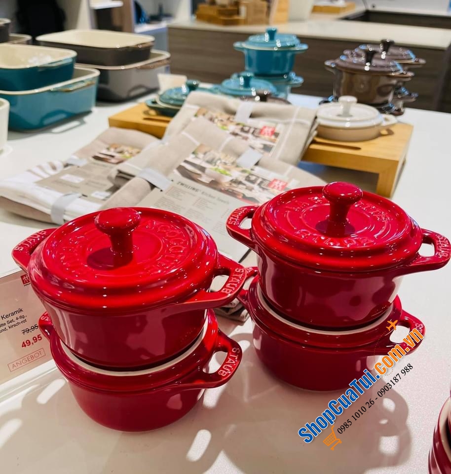 SET 4 NỒI GỐM MINI STAUB ĐỎ KÈM HỘP 10 CM.