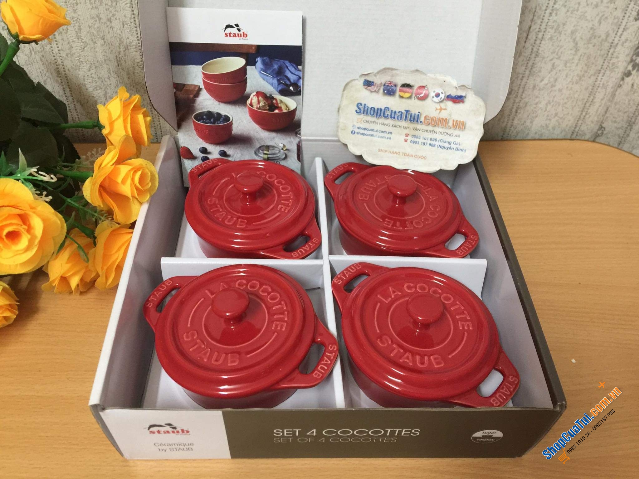 SET 4 NỒI GỐM MINI STAUB ĐỎ KÈM HỘP 10 CM.