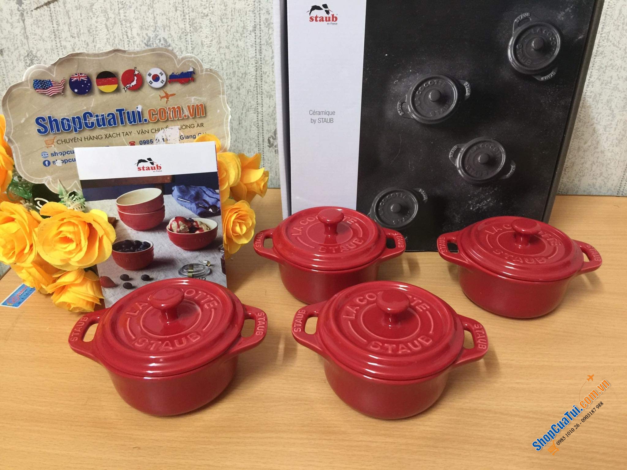 SET 4 NỒI GỐM MINI STAUB ĐỎ KÈM HỘP 10 CM.