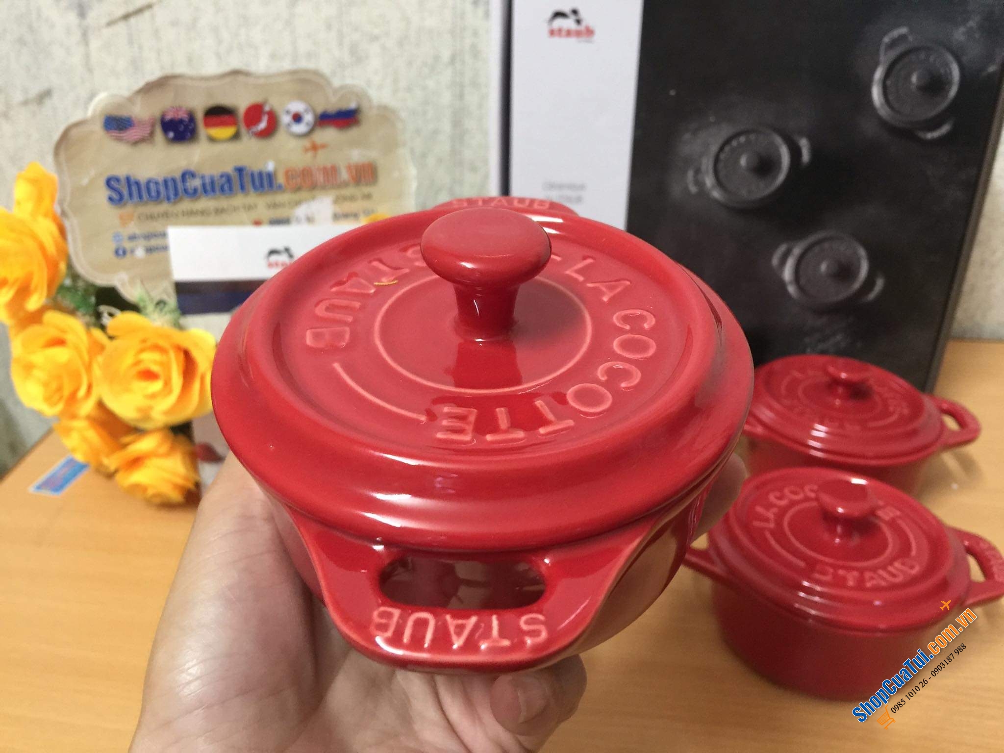 SET 4 NỒI GỐM MINI STAUB ĐỎ KÈM HỘP 10 CM.