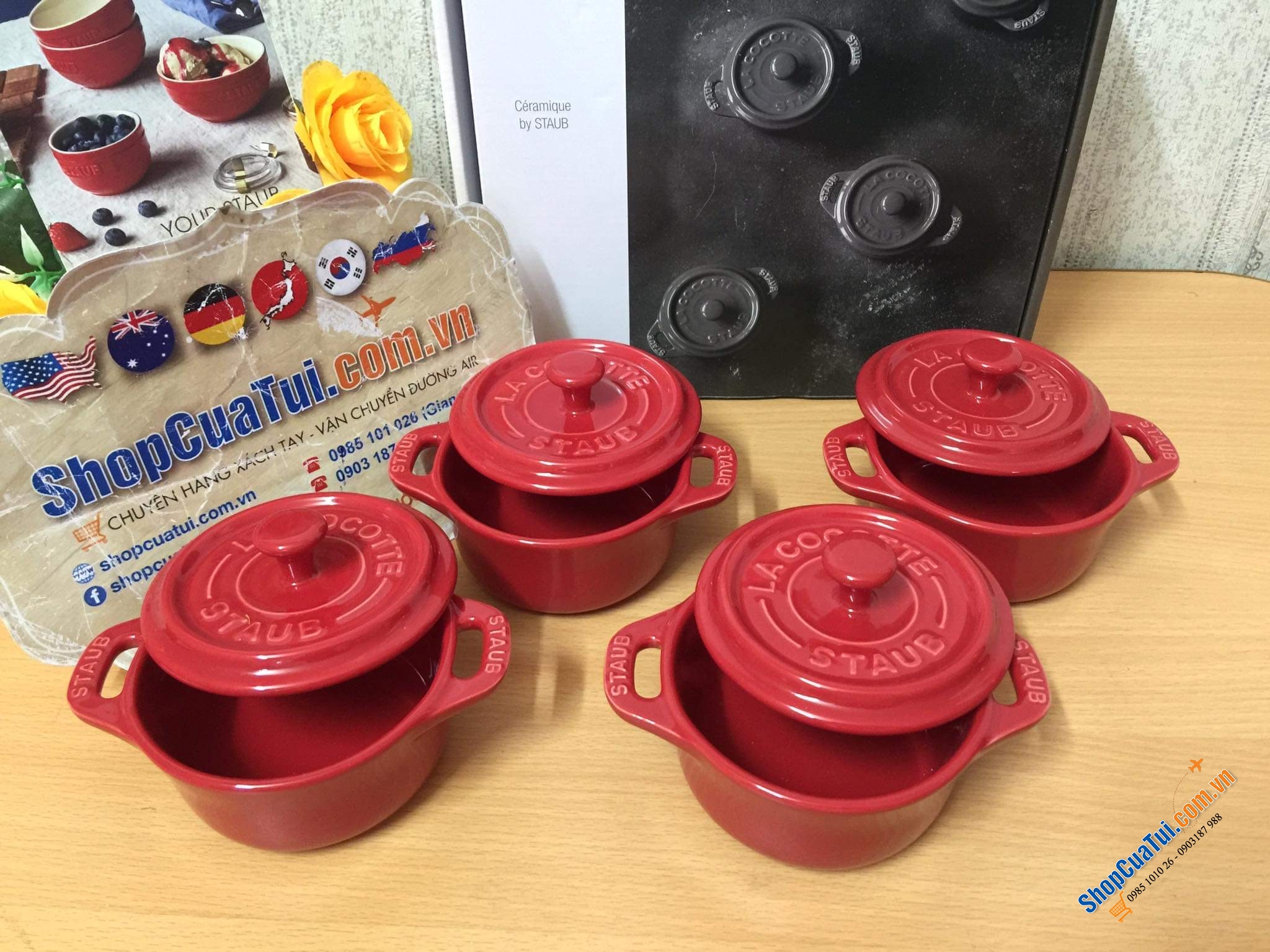 SET 4 NỒI GỐM MINI STAUB ĐỎ KÈM HỘP 10 CM.