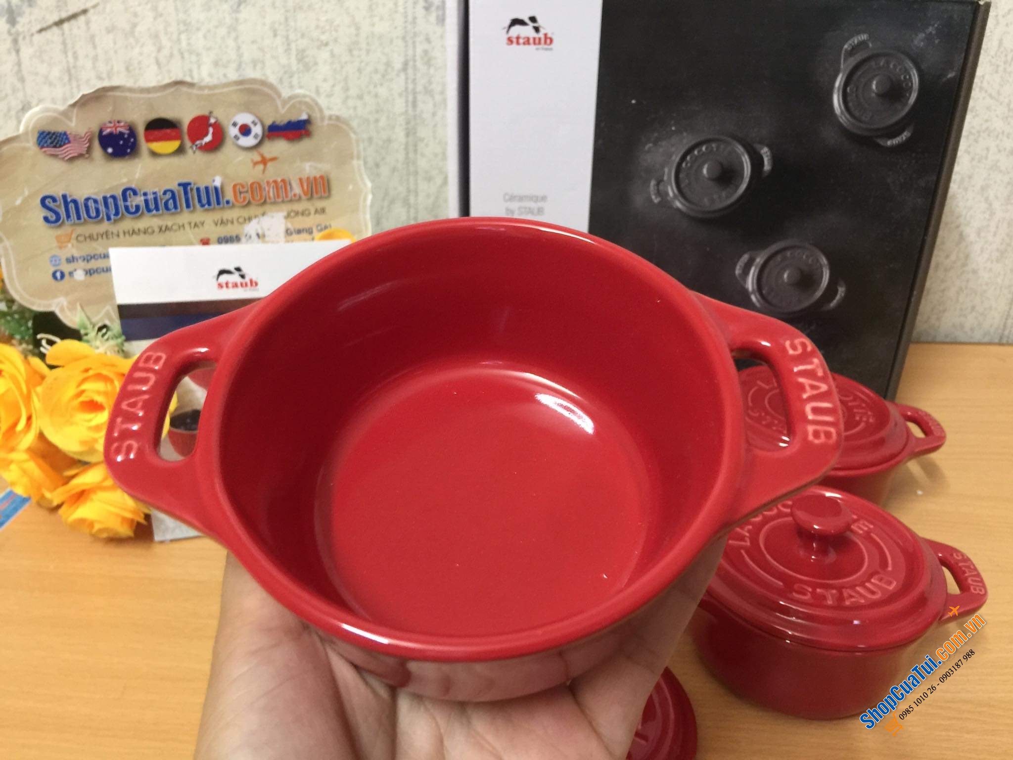 SET 4 NỒI GỐM MINI STAUB ĐỎ KÈM HỘP 10 CM.