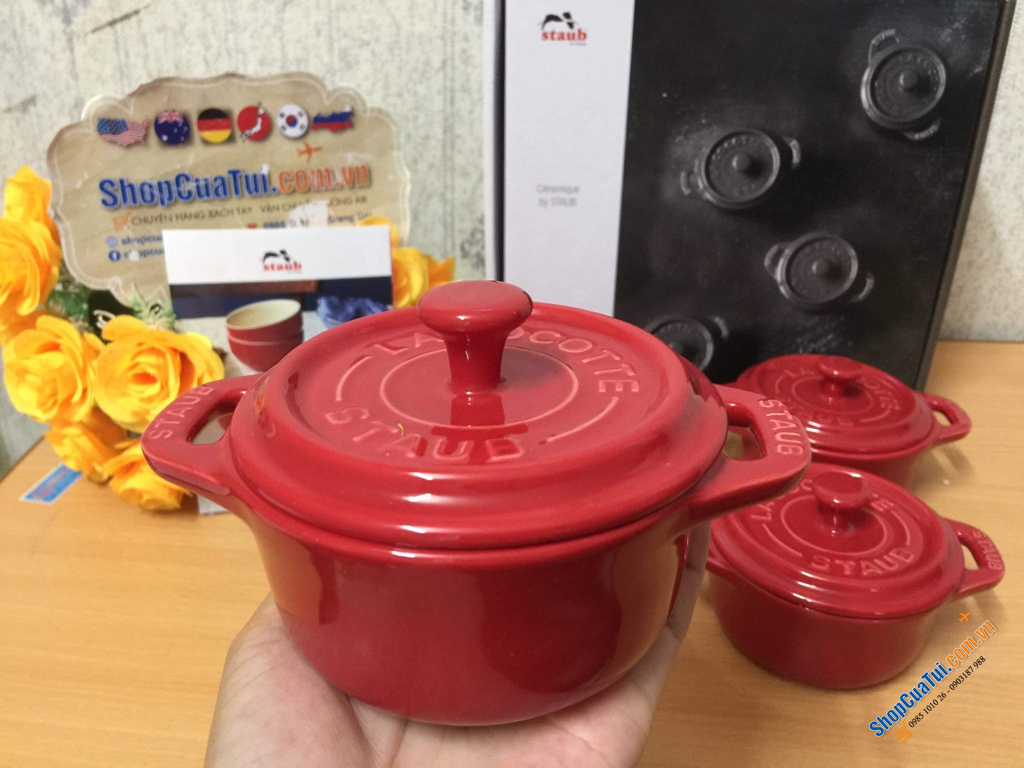 SET 4 NỒI GỐM MINI STAUB ĐỎ KÈM HỘP 10 CM.
