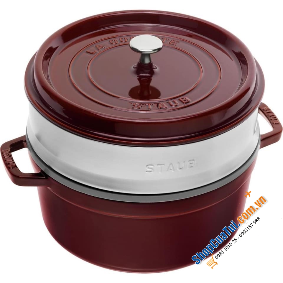 NỒI GANG ĐÚC STAUB + KÈM XỬNG MÀU - SIZE 26CM MÀU ĐỎ RƯỢU VANG ĐẬM.