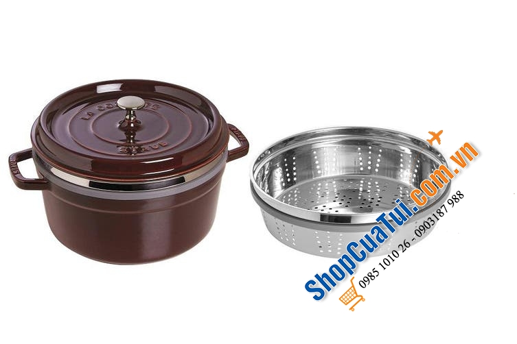 NỒI GANG ĐÚC STAUB + KÈM XỬNG MÀU - SIZE 26CM MÀU ĐỎ RƯỢU VANG ĐẬM.