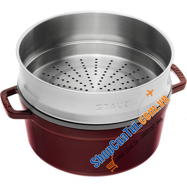 NỒI GANG ĐÚC STAUB + KÈM XỬNG MÀU - SIZE 26CM MÀU ĐỎ RƯỢU VANG ĐẬM.