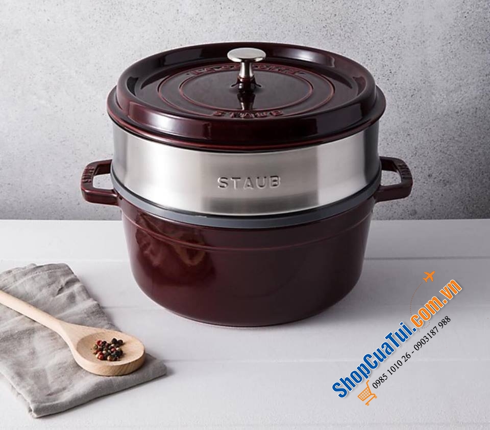 NỒI GANG ĐÚC STAUB + KÈM XỬNG MÀU - SIZE 26CM MÀU ĐỎ RƯỢU VANG ĐẬM.
