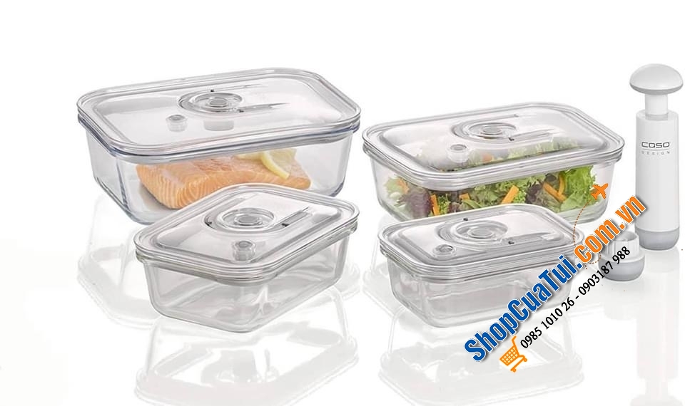 Set 4 hộp đựng thực phẩm thuỷ tinh kèm bơm hút chân không Caso Vacuboxx cài đặt được thời gian.
