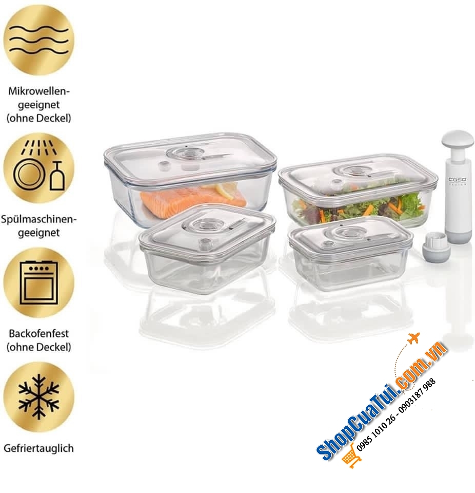Set 4 hộp đựng thực phẩm thuỷ tinh kèm bơm hút chân không Caso Vacuboxx cài đặt được thời gian.