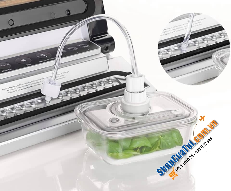 Set 4 hộp đựng thực phẩm thuỷ tinh kèm bơm hút chân không Caso Vacuboxx cài đặt được thời gian.