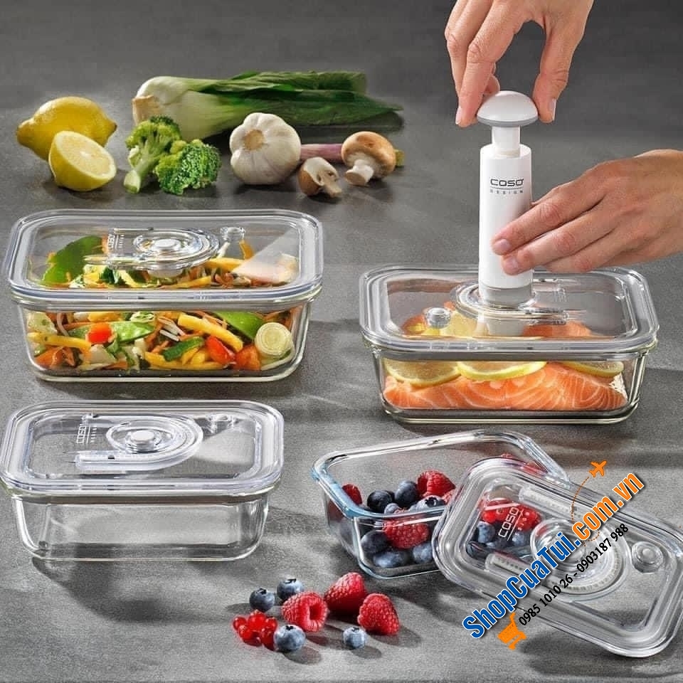 Set 4 hộp đựng thực phẩm thuỷ tinh kèm bơm hút chân không Caso Vacuboxx cài đặt được thời gian.