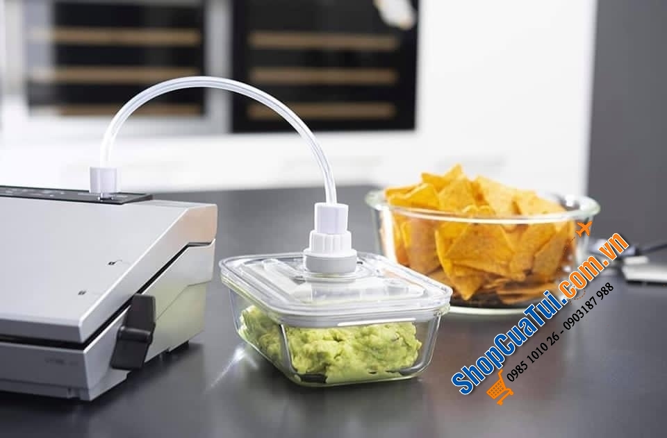 Set 4 hộp đựng thực phẩm thuỷ tinh kèm bơm hút chân không Caso Vacuboxx cài đặt được thời gian.