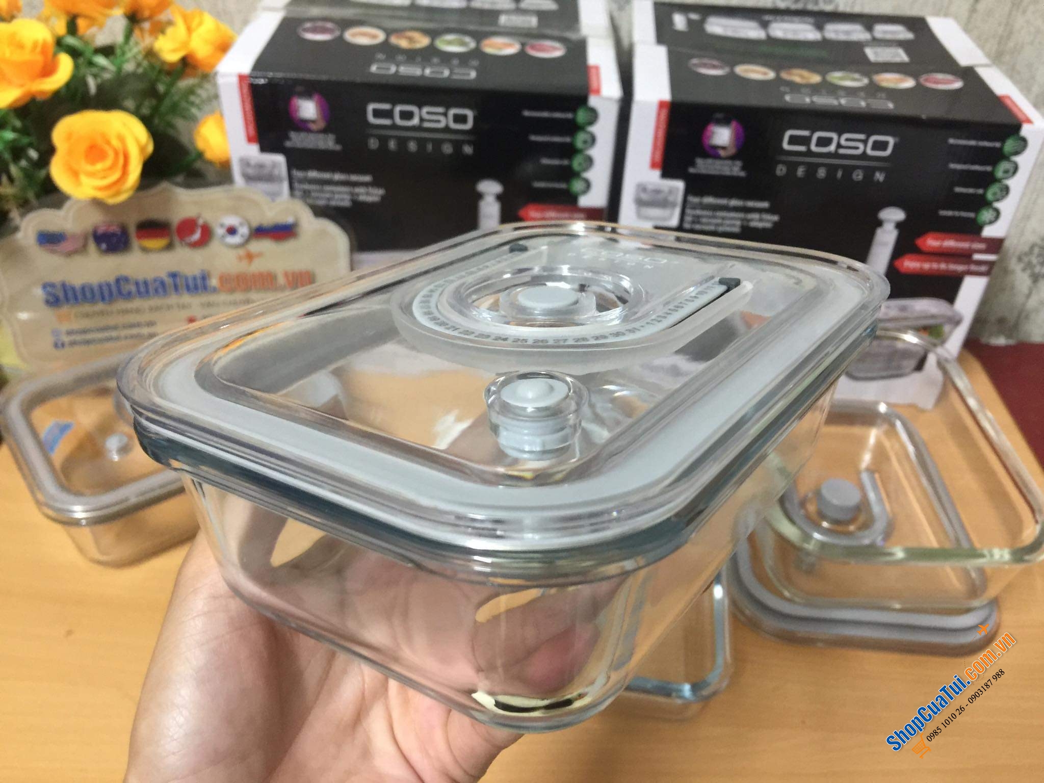 Set 4 hộp đựng thực phẩm thuỷ tinh kèm bơm hút chân không Caso Vacuboxx cài đặt được thời gian.
