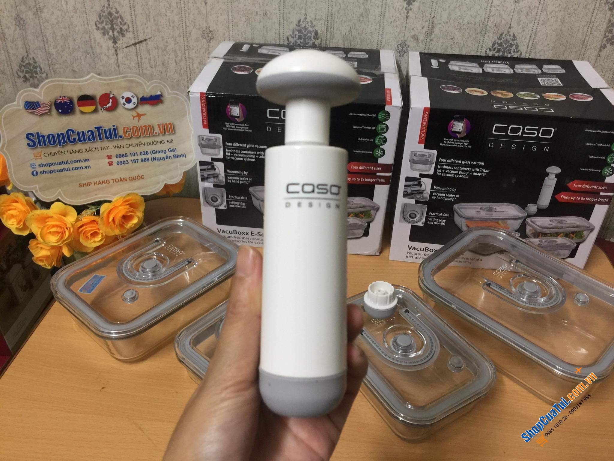 Set 4 hộp đựng thực phẩm thuỷ tinh kèm bơm hút chân không Caso Vacuboxx cài đặt được thời gian.