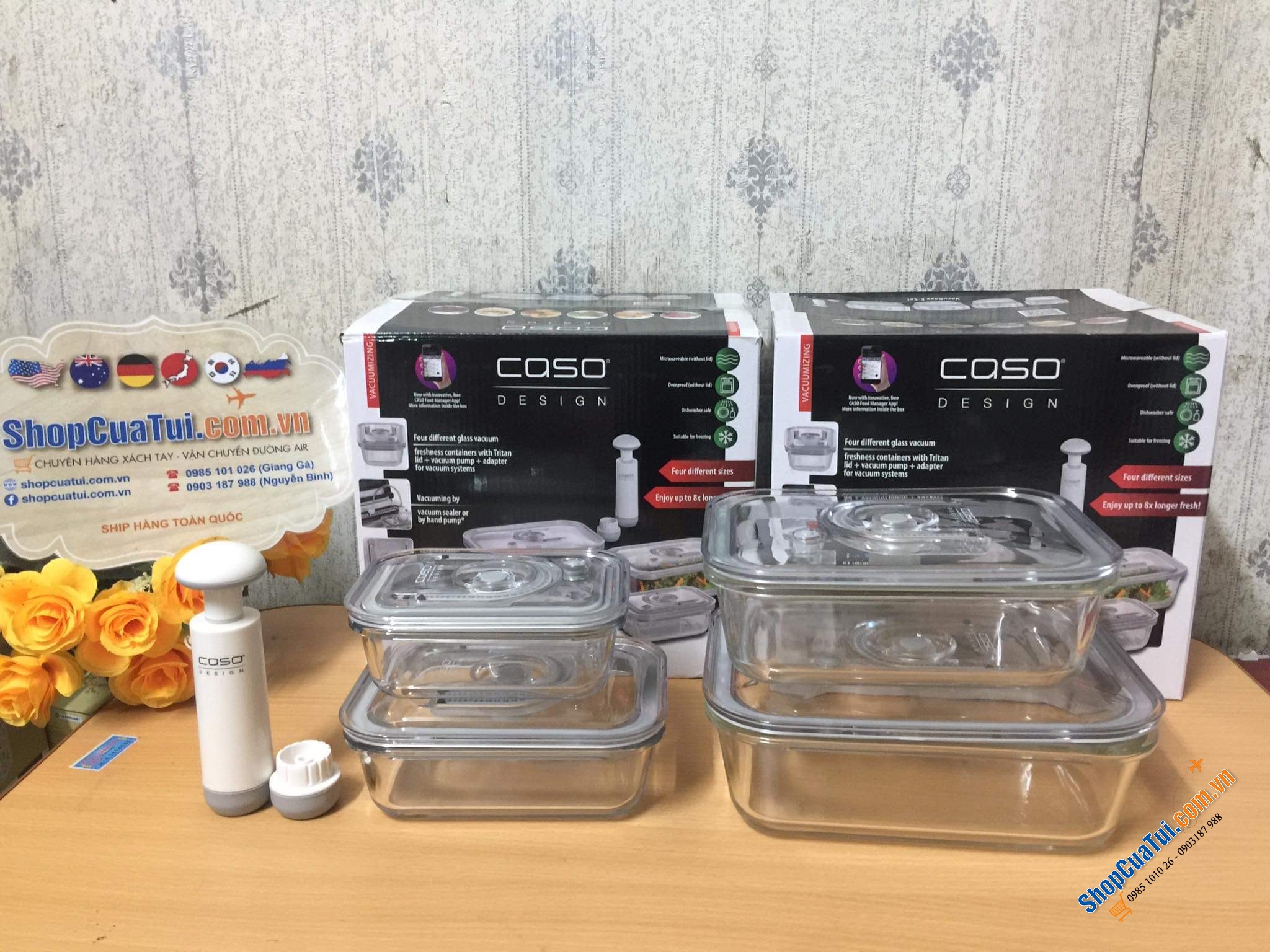 Set 4 hộp đựng thực phẩm thuỷ tinh kèm bơm hút chân không Caso Vacuboxx cài đặt được thời gian.