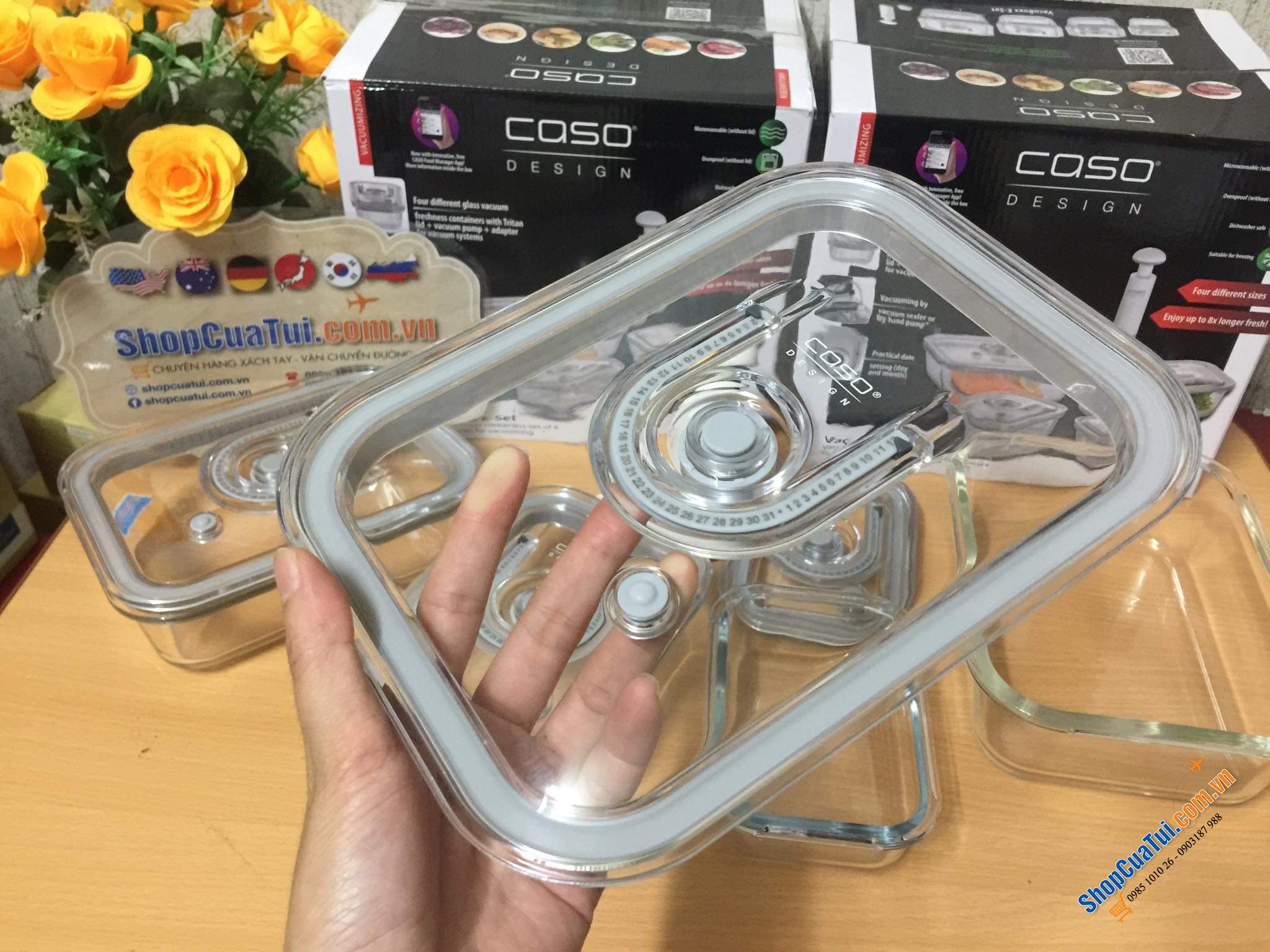 Set 4 hộp đựng thực phẩm thuỷ tinh kèm bơm hút chân không Caso Vacuboxx cài đặt được thời gian.