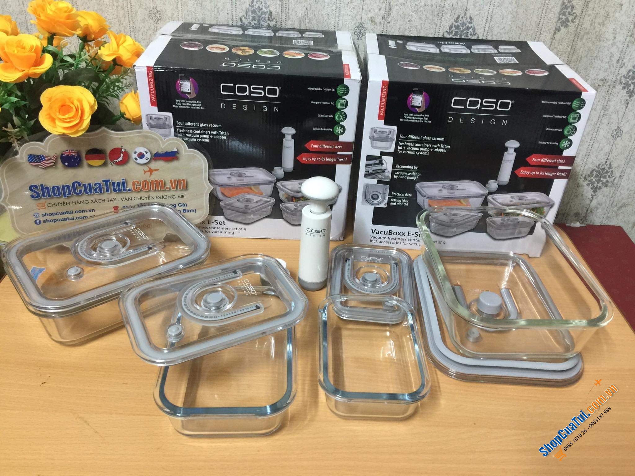 Set 4 hộp đựng thực phẩm thuỷ tinh kèm bơm hút chân không Caso Vacuboxx cài đặt được thời gian.
