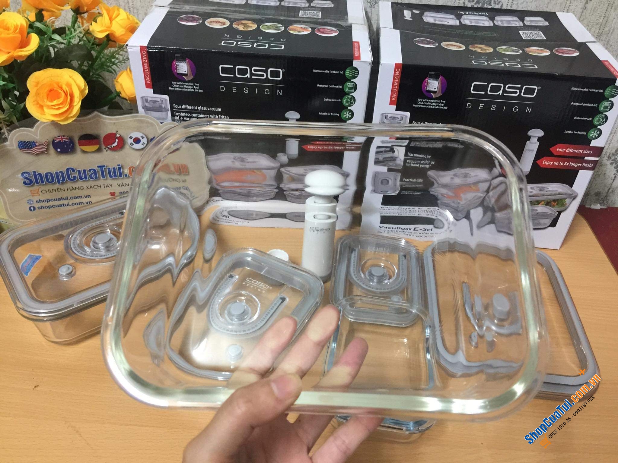 Set 4 hộp đựng thực phẩm thuỷ tinh kèm bơm hút chân không Caso Vacuboxx cài đặt được thời gian.