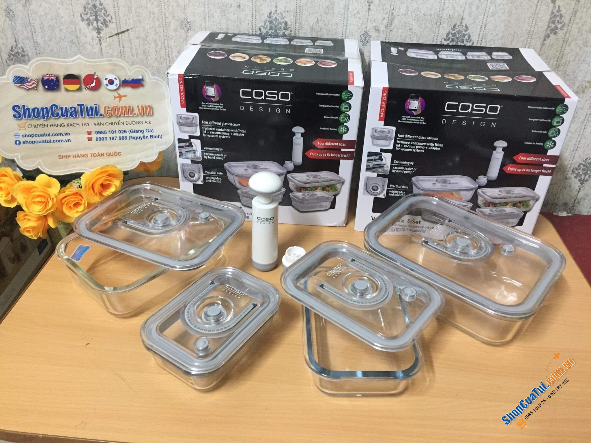 Set 4 hộp đựng thực phẩm thuỷ tinh kèm bơm hút chân không Caso Vacuboxx cài đặt được thời gian.