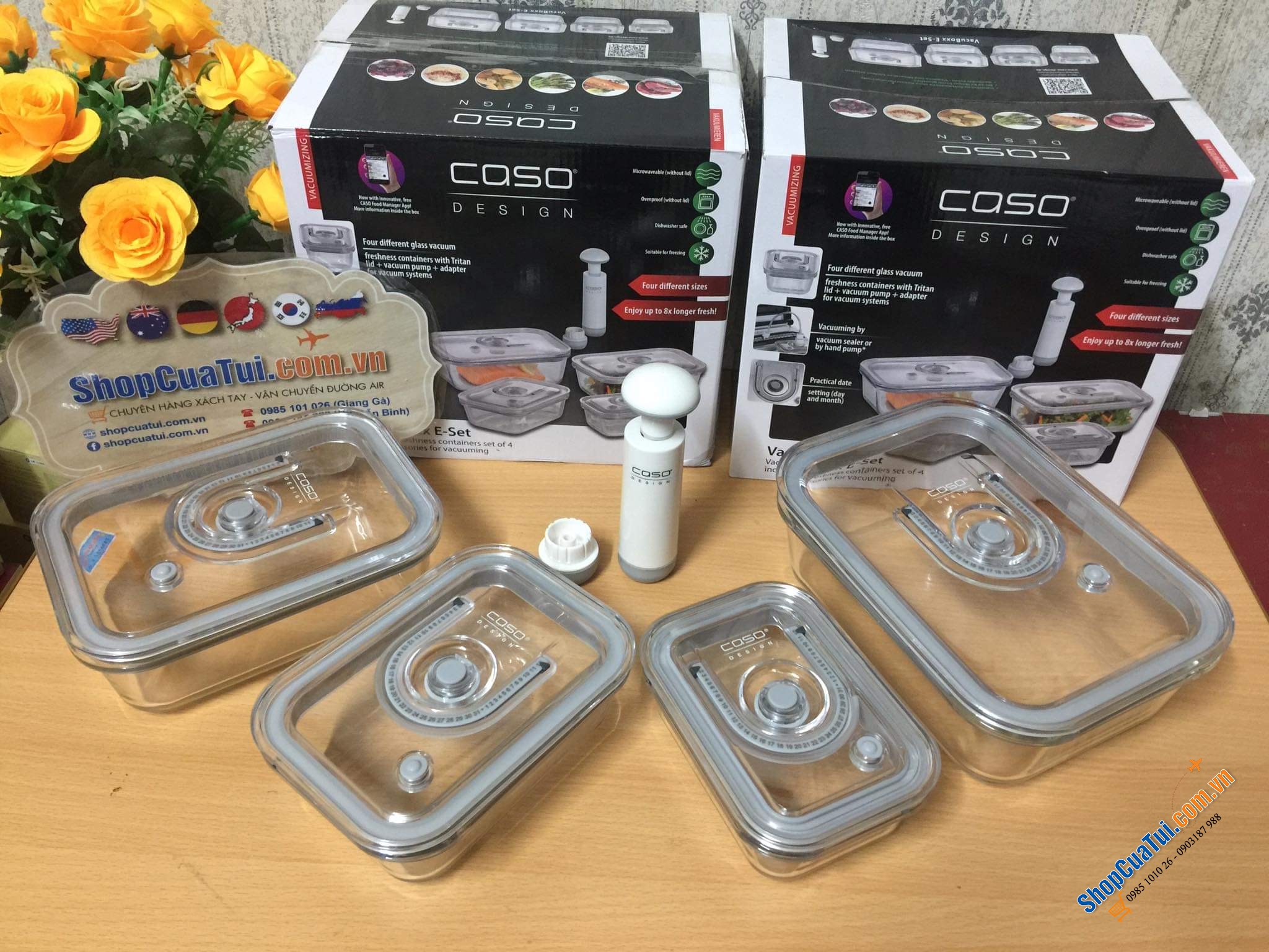 Set 4 hộp đựng thực phẩm thuỷ tinh kèm bơm hút chân không Caso Vacuboxx cài đặt được thời gian.
