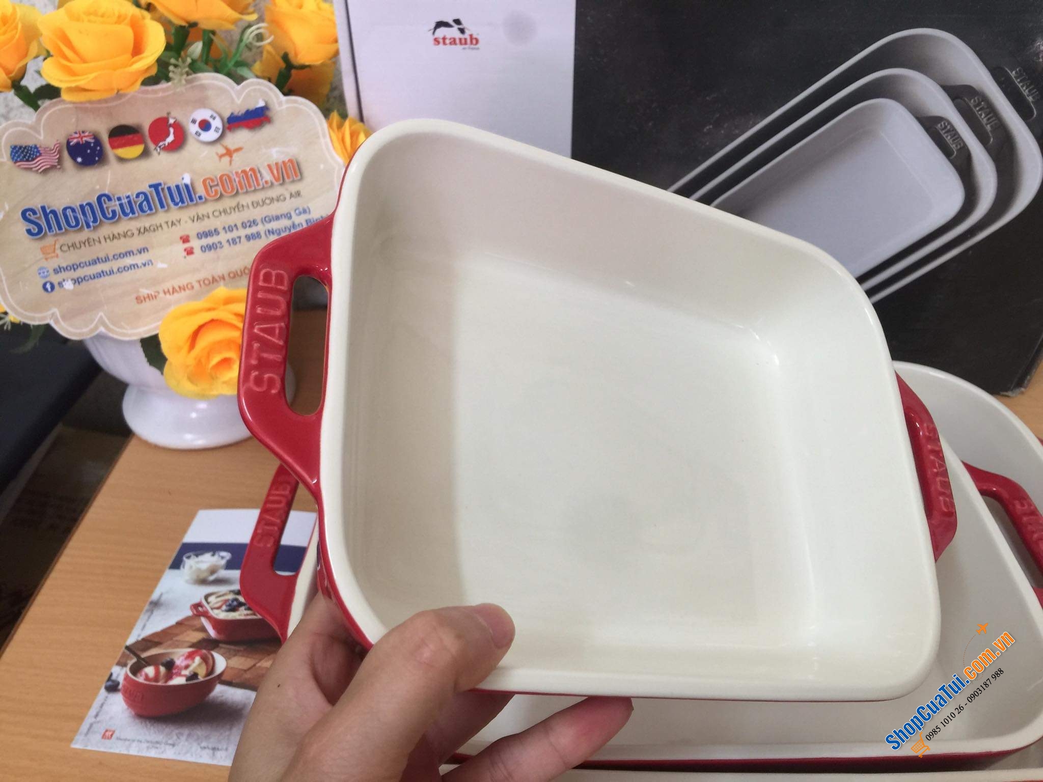 SET 3 KHAY GỐM CHỮ NHẬT BỎ LÒ STAUB - MÀU ĐỎ